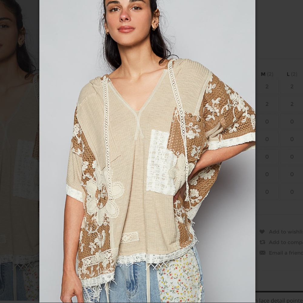 POL Beige Patchwork Crochet V-Neck Hooded Top - Small